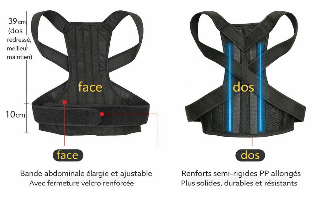 Correcteur de posture Veltalis noir, vues de face et de dos avec renforts dorsaux
